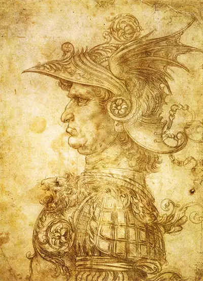 Perfil de un guerrero con casco y armadura Leonardo da Vinci